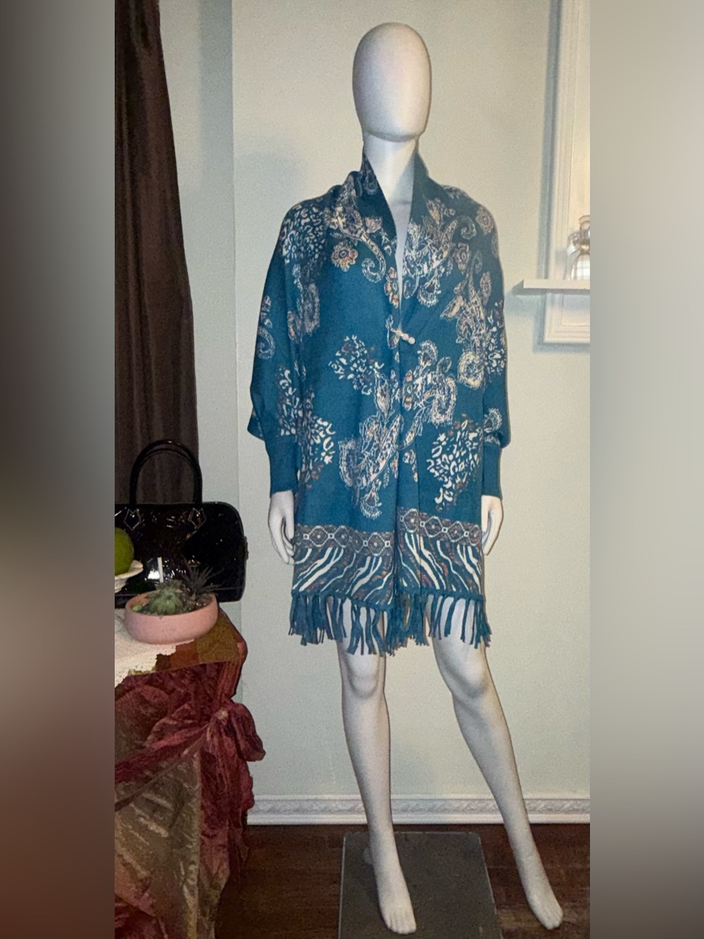 Floral Paisley Teal Fringe Open-Front Women's Shawl